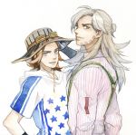  2boys blonde_hair graphite_(medium) green_eyes grey_hair gyro_zeppeli hat hoodie johnny_joestar jojo_no_kimyou_na_bouken long_hair lrdxbz multiple_boys steel_ball_run traditional_media watercolor_(medium) 