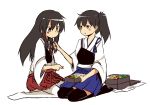  2girls akagi_(kantai_collection) armor brown_eyes brown_hair eating feeding fork fork_in_mouth japanese_clothes kaga_(kantai_collection) kantai_collection lunchbox multiple_girls muneate open_mouth personification ponytail rubii side_ponytail sitting thighhighs 