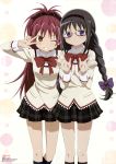  2girls absurdres akemi_homura antenna_hair black_hair bow braid glasses hair_bow hairband highres legs long_hair mahou_shoujo_madoka_magica multiple_girls nyantype official_art red_eyes redhead sakura_kyouko school_uniform smile twin_braids twintails v very_long_hair violet_eyes wink 