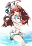  1girl ahoge brown_eyes brown_hair highres kantai_collection kazushima kuma_(kantai_collection) long_hair machinery mound_of_venus navel open_mouth personification ribbon solo tears torn_clothes 