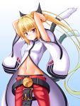  1girl arms_up bell blazblue blonde_hair blush bracelet cat_tail hair_ribbon highres jewelry kokonoe kokonoe_(cosplay) long_hair multiple_tails navel panties ponytail rachel_alucard red_eyes ribbon slavedoll solo tail underwear 