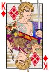  blonde_hair blue_eyes card dual_persona fan folding_fan katana keith_goodman playing_card samurai sword tattoo topknot upside-down v-room weapon 