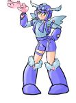  1boy android arm_cannon fusion green_eyes hand_on_hip heart helmet highres kid_icarus mandragoria pigeon-toed pit_(kid_icarus) rockman rockman_(character) rockman_(classic) shorts thigh_strap weapon wings 
