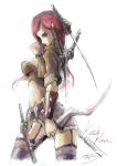  1girl blade breasts character_name dated garter_belt green_eyes highres katana katarina_du_couteau knife league_of_legends loiza long_hair redhead scar short_shorts shorts signature simple_background solo sword thighhighs very_long_hair weapon white_background 
