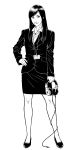  1girl beats_by_dr._dre black_hair brand_name_imitation cigarette formal headphones high_heels highres id_card lanyard monochrome office_lady original skirt skirt_suit smile suit 