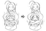  2girls asphyxiation between_breasts breasts chibi choking dual_persona hug huge_breasts idolmaster long_hair matsu-sensei miura_azusa monochrome multiple_girls puchimasu! ribbed_sweater sketch sweater 