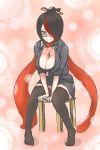  1girl alternate_costume black_hair blue_eyes blush breasts cleavage female fiora_laurent glasses hair_over_one_eye highlights highres jewelry league_of_legends multicolored_hair necklace redhead scarf short_hair sitting smile solo teacher thighhighs trombe 