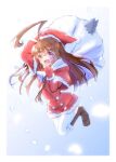  1girl ahoge alternate_costume brown_eyes brown_hair capelet commentary_request dress full_body fur-trimmed_capelet fur-trimmed_headwear fur_trim gloves hat huge_ahoge kantai_collection kuma_(kancolle) long_hair looking_at_viewer nesugi red_capelet red_dress red_eyes red_gloves red_headwear sack santa_costume santa_hat smile solo thigh-highs white_legwear 
