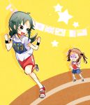  2girls :d black_hair flag gym_shorts gym_uniform idolmaster idolmaster_cinderella_girls jersey koseki_reina long_hair matokawa multiple_girls nanjou_hikaru open_mouth ponytail running shoes smile sneakers socks sweat track_and_field twintails wristband 