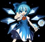  1girl ascot black_background bloomers blue_bow blue_eyes blue_hair blush_stickers bow cirno dress drop_shadow frog frozen_frog hair_bow ice ice_wings light_particles open_mouth pointing pointing_at_viewer pyonta sakurai_(77777) short_hair short_sleeves stick touhou underwear wings 