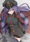  1girl alternate_costume alternate_hairstyle blush book boots coat collaboration colored eyepatch gloves hair_ribbon hat long_hair military military_uniform patchouli_knowledge purple_hair ribbon shishamo@ skirt solo sukage touhou twintails uniform very_long_hair violet_eyes 