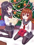  2girls akatsuki_(kantai_collection) black_hair black_legwear blush brown_eyes brown_hair christmas christmas_tree hat ikazuchi_(kantai_collection) ikeda_yuuki kantai_collection long_hair multiple_girls pantyhose personification school_uniform serafuku skirt violet_eyes 