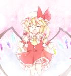  1girl ascot blonde_hair bloomers closed_eyes fangs flandre_scarlet gradient gradient_background hat hat_ribbon heart highres incoming_hug knees_together mob_cap open_hands open_mouth outstretched_arms pink_background ribbon short_hair short_sleeves side_ponytail skirt skirt_set solo touhou tsumurikoto underwear wings wrist_cuffs 