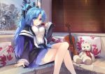  1girl blue_eyes blue_hair bow breasts couch crossed_legs cup hair_bow holding instrument long_hair looking_at_viewer parted_lips pillow ponytail rain_lan sitting skirt solo stuffed_animal stuffed_toy teacup teddy_bear violin window 