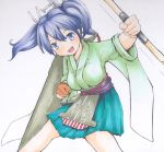  1girl blue_hair blush bow_(weapon) breasts japanese_clothes kantai_collection open_mouth personification ribbon short_hair skirt smile sokutenkun solo souryuu_(kantai_collection) traditional_media twintails weapon wide_sleeves 