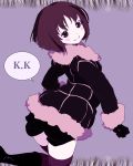  1girl blush_stickers boots brown_hair casual coat gloves kakura_kurumi looking_at_viewer looking_back purple_legwear saki short_hair short_shorts shorts smile solo standing thighhighs violet_eyes winter_clothes yaku_yojino 