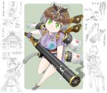  1girl bare_legs bob_cut brown_hair character_request character_sheet gatling_gun gun hair_ornament japanese_clothes jewelry kimono necklace scope short_hair short_kimono smoke smoking_gun translation_request ushimado weapon 