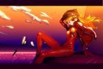  1girl bird blonde_hair blue_eyes breast_grab clouds eyepatch hat hat_with_ears highres letterboxed long_hair looking_at_viewer neon_genesis_evangelion open_clothes open_jacket partially_submerged plugsuit rebuild_of_evangelion ruins shikinami_asuka_langley sitting sky solo souryuu_asuka_langley water wind yangsion 