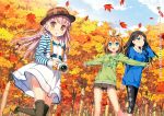  3girls :d :o absurdres argyle argyle_legwear autumn autumn_leaves bangs black_hair black_legwear blue_eyes blunt_bangs blush boots braid calendar camera capri_pants cropped_jacket dress hair_ornament hair_ribbon hairclip hat highres kantoku leaf leggings long_hair maple_leaf miyaguchi_hiromi miyaguchi_kanna miyaguchi_kei multiple_girls november open_mouth orange_hair original outstretched_arms pink_eyes pink_hair plaid_hat porkpie_hat ribbon scan short_hair shorts side_braid skirt smile spread_arms sweater thighhighs tree white_dress 