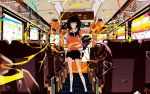  1girl bag black_hair blue_eyes broken_glass bus bus_interior copyright_name debris english glass looking_at_viewer motor_vehicle original shoulder_bag skirt solo standing supercell surprised uki_atsuya vehicle 