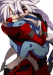  ahoge blazblue blush bodysuit eyepatch hug nu-13 ragna_the_bloodedge red_eyes shihage silver_hair 