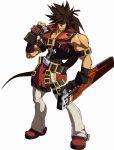  1boy 3d arc_system_works belt brown_hair fingerless_gloves gloves guilty_gear guilty_gear_xrd headband highres long_hair muscle official_art one_eye_covered ponytail sol_badguy solo sword weapon 
