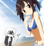  2girls ahoge beach black_hair breast_envy breasts brown_eyes cleavage gia_kon ichijou_hotaru koshigaya_komari looking_at_viewer multiple_girls navel non_non_biyori o_o ocean open_mouth school_swimsuit smile swimsuit tears 