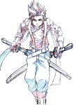  1boy belt colored_pencil_(medium) dual_wielding lloyd_irving male mct-no04 scabbard sheath simple_background suspenders sword tales_of_(series) tales_of_symphonia traditional_media weapon white_background 