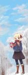  1girl alternate_costume black_legwear blonde_hair blue_sky boots clouds covered_mouth hair_ribbon highres jacket mittens murani pantyhose red_eyes ribbon rumia scarf scarf_over_mouth skirt sky snow snowing solo touhou tree 