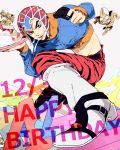  black_eyes cake character_name food fork guido_mista gun happy_birthday jojo_no_kimyou_na_bouken kneeling mapi midriff number red_pants sex_pistols_(stand) stand_(jojo) tiger_stripes weapon white_boots 
