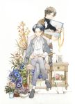  2boys black_hair brown_hair cane cat eren_jaeger flower graphite_(medium) levi_(shingeki_no_kyojin) lrdxbz multiple_boys photo_(object) shingeki_no_kyojin traditional_media watercolor_(medium) 