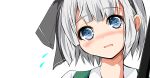  1girl absurdres blue_eyes blush bust commentary_request face flying_sweatdrops hair_ribbon highres konpaku_youmu looking_at_viewer open_mouth ribbon silver_hair solo touhou velia 