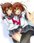  2girls black_legwear blush brown_hair folded_ponytail green_eyes hair_ornament hairclip ikazuchi_(kantai_collection) inazuma_(kantai_collection) kantai_collection long_hair multiple_girls open_mouth pantyhose personification school_uniform serafuku short_hair skirt smile socks yahiro_(anhnw) 