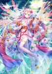  1girl angel angel_wings blue_eyes boots copyright_name feathers flower gradient_wings hair_ornament halo ibara_riato jewelry official_art petals pink_hair ribbon sunbeam sunlight thighhighs watermark wings z/x 