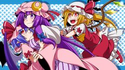  ascot bat_wings blonde_hair blue_hair blush bow breasts crescent eichi_yuu flandre_scarlet hat long_hair long_sleeves multiple_girls open_mouth patchouli_knowledge pointy_ears purple_hair red_eyes remilia_scarlet short_hair smile touhou violet_eyes wings wink 