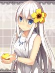  1girl apple bare_shoulders blue_eyes blush dress flower food fruit hair_flower hair_ornament jewelry long_hair looking_at_viewer nagomi_no_ame necklace original silver_hair sleeveless sleeveless_dress smile solo 