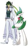  1boy crossover gallade green_hair hands_in_pockets kill_la_kill male mask pokemon pokemon_(creature) sabamiso_(waruagaki) sanageyama_uzu scar uniform 