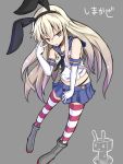  1girl black_panties blonde_hair elbow_gloves flat_chest gloves grey_background hairband ishimu kantai_collection long_hair looking_at_viewer navel panties personification rensouhou-chan sailor_collar shimakaze_(kantai_collection) skirt solo striped striped_legwear thighhighs underwear white_gloves 