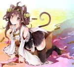 1girl ahoge all_fours animal_ears black_eyes box braid brown_hair bullet cat_ears cat_tail detached_sleeves hairband japanese_clothes kantai_collection kongou_(kantai_collection) looking_at_viewer nontraditional_miko okatsukisei open_mouth personification solo tail thighhighs wide_sleeves 