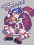  1girl bell blue_hair boots brown_eyes christmas detached_sleeves eating food gloves gonster hair_ornament hairpin hat long_hair meat original panties sack santa_costume santa_hat side_ponytail sitting solo spread_legs star striped striped_legwear striped_panties thighhighs underwear wink 