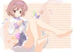  1girl bare_legs barefoot blouse blush_stickers brown_eyes brown_hair hairband long_sleeves looking_at_viewer lying panties pantyshot pantyshot_(lying) pink_background purple_panties reclining shino_megumi short_hair simple_background skirt smile solo staff_(music) striped striped_background touhou tsukumo_yatsuhashi underwear 