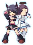  2girls arm_warmers bike_shorts boots cure_black_(cosplay) cure_white cure_white_(cosplay) dress eyepatch futari_wa_precure heart kantai_collection knee_boots leg_warmers mechanical_halo midriff multiple_girls open_mouth precure purple_hair short_hair skirt smile tatsuta_(kantai_collection) tenryuu_(kantai_collection) violet_eyes yellow_eyes zagu_(grape_garden) 