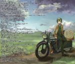  1girl androgynous black_hair clouds coat grass green_eyes green_hair hermes kino kino_no_tabi koppen motor_vehicle motorcycle reverse_trap scenery short_hair sky translation_request vehicle wall_of_text 