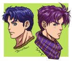  2boys blue_hair bust jojo_no_kimyou_na_bouken jonathan_joestar joseph_joestar_(young) lowres multiple_boys purple_hair scarf v-room 