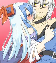  1boy 1girl ahoge blush choker couple glasses hat hetero kamishirasawa_keine long_hair morichika_rinnosuke red_eyes sag_(karehabase) short_hair silver_hair touhou white_hair yellow_eyes 