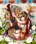  1girl animal_ears bracelet brown_hair cat_ears cat_tail dress flower hairclip heterochromia high_heels jewelry key long_hair matsurika_youko nail_polish parted_lips red_eyes rose scepter solo striped_legwear tail thighhighs vertical_stripes white_rose yellow_eyes 