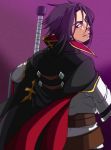 1boy belt black_hair blazblue blazblue:_chrono_phantasma cape kagura_mutsuki looking_back oomura_(blau89blau) smile sword weapon 