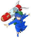  1girl backpack bag blue_eyes blue_hair boots dress from_above hair_bobbles hair_ornament hat kawashiro_nitori key long_sleeves open_mouth outstretched_arms rocket rubber_boots serious shirt short_hair short_twintails skirt skirt_set skirt_up solo spread_arms touhou twintails 