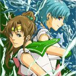  2girls bishoujo_senshi_sailor_moon blue_hair brown_hair bubble electricity kino_makoto long_hair lowres mizuno_ami multiple_girls oekaki ponytail profile sailor_collar sailor_jupiter sailor_mercury short_hair shou_juorou_(marumarupyon) side tiara water 