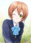  1girl 2013 ;) artist_name blush bowtie brown_hair dated green_eyes highres hoshizora_rin kem_kem looking_at_viewer love_live!_school_idol_project school_uniform signature smile solo wink 